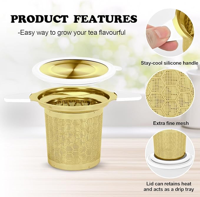 Tea Infuser for Loose Leaf Tea, 304 Stainless Steel Strainer Basket Gold | Fine Mesh Steeper, Heat Resistant, Silicone Handle, Lid Included, Large Capacity, Mug Filter, Fits Standard Cups