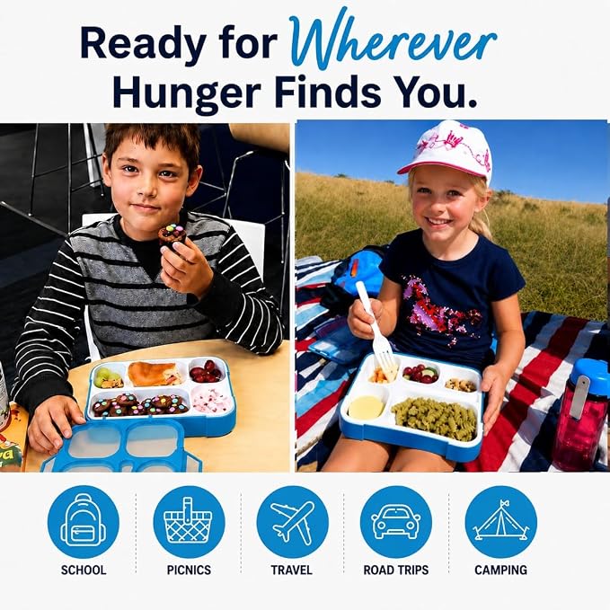 Bento Box Lunch-Box for Kids Adults, Snackle Box Snack Containers for Toddlers Daycare, Leakproof School Bentobox, 6 Section Meal Container for Boys Girls Women Lunches, BPA Free Utensils, Blue