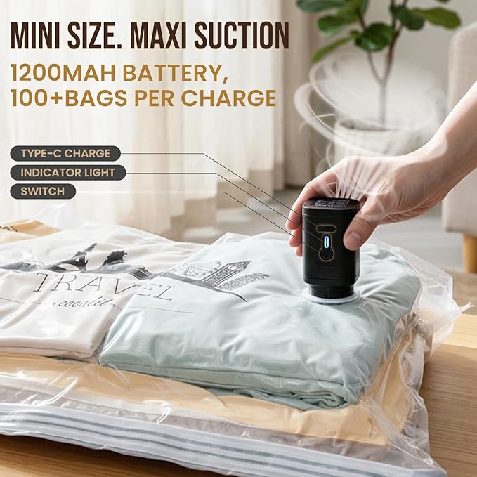 TAILI Vacuum Storage Bags with Rechargeable Pump, 12 Combo(5M+5L+2XL) | Vacuum Seal Bags for Clothing, Travel Compression Packing Bags for Luggage, Blankets, Comforters