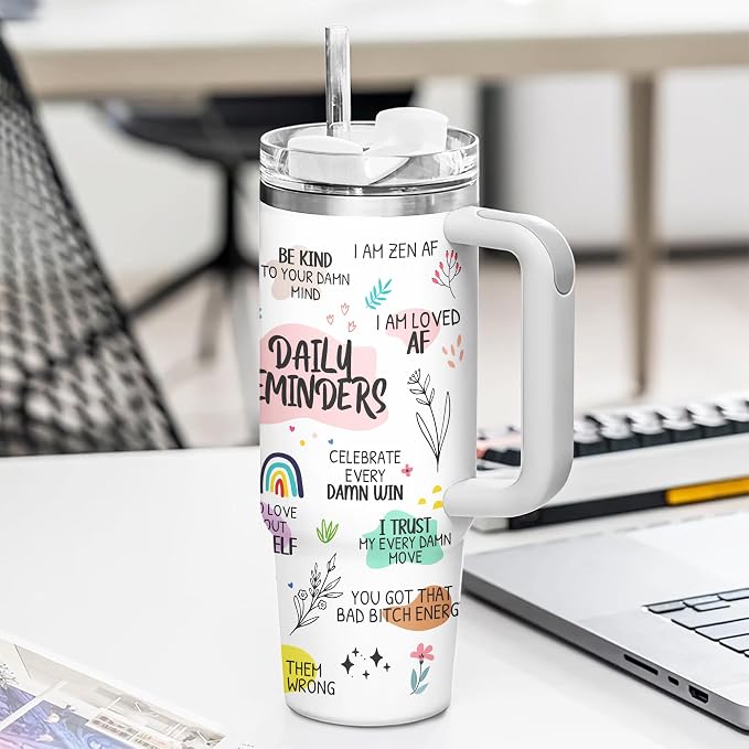 Gossby Daily Reminders Tumbler for Women, 30oz Stainless Steel with Handle | Daily Affirmations For Women, Inspirational Cup, Motivational Mental Health Gift For Friends, Nurse, Coworker, Birthday Gifts