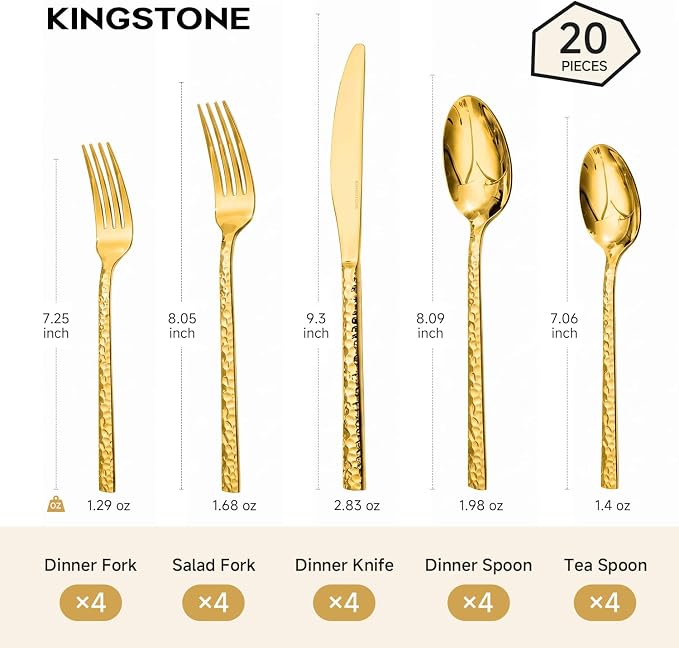 20 Piece Gold Silverware Set, 18/10 Stainless Steel Hammered Flatware for 4 | KINGSTONE Flatware set Includes Fork Spoon Knives, Cutlery Utensil Set for Party,Wedding, Mirror Polished Dishwasher Safe
