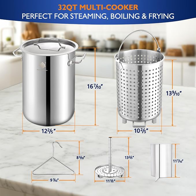 ARC 32QT Stainless Steel Stock pot 6-Piece For Seafood Boil Pot with Basket | Turkey Fryer Pot with Strainer-Steamer Rack-Divider-Lift Hook-Tube-Cookware for Crawfish Crab Shrimp Lobster Boiling, Tamale
