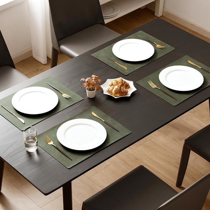 MOSAYT Vinyl Placemats Set of 4-12 X 17 Inch - Faux Leather 100% Waterproof Oil-Proof Wipeable PU Place Mats, Heat Resistant Reversible Table Mats for Kitchen, Dining, Outdoor, Olive Green