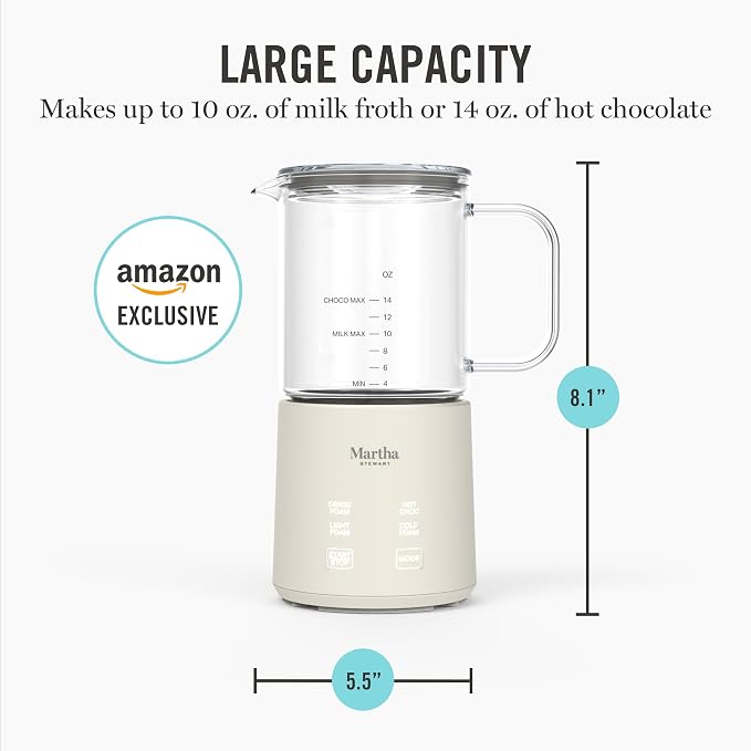 Martha Stewart 10oz Milk Frother & Steamer, 4 Presets, 300ml Glass Pitcher | Light, Dense, Cold Foam & Hot Chocolate, Ready in 90 Seconds, Cordless Pouring, Runs Quiet, Almond, Soy & Oat Milk, Linen