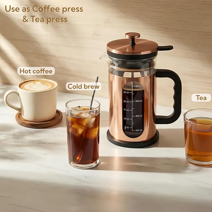 French Press Coffee Maker 34oz, 1000ml Borosilicate Glass Stainless Steel Coffee Brewer with Reusable Filters Portable Coffee Press for Kitchen Travel Camping