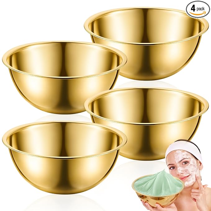 Teenyyou 4 Pcs Large Stainless Steel Esthetician Bowls 8 Inch Gold Facial Bowls Mask Mixing Kit for Women Spa Home Esthetician Supplies Use