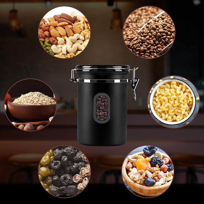 ROCKY&CHAO 2800ML Coffee Canister with Date Tracker&Transparent Window, 35OZ Coffee Container with 30ML Measure Spoon&4 co2 Valve, Coffee Bean Storage Container for Grounds Coffee, Beans, Tea(Black)