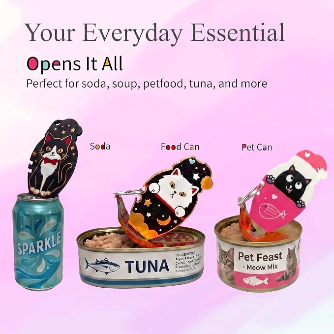 Pull Tab Can Opener Cat Food Can Opener for Soda Pet Cans Easy Open for Weak Hands Arthritis Seniors Long Nails Magnetic Portable with Lanyard Fridge Magnet Pink Cat