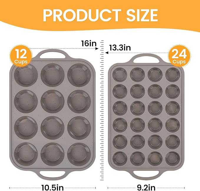 CAKETIME Silicone Muffin Pans for Baking, Metal Reinforced Frame Regular 12 Cups & Mini 24 Cups Cupcake Pan Set Nonstick Muffin Pan for Homemade Baking Easy to Handle