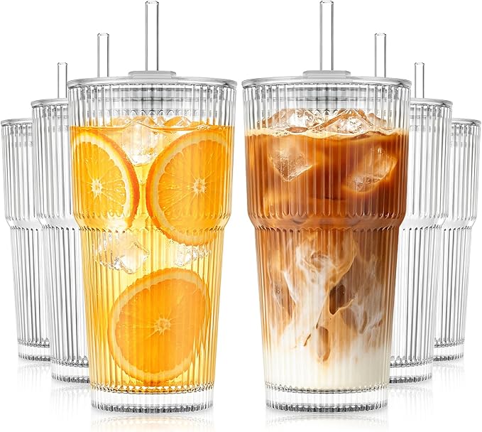 KEMORELA 20oz Ribbed Glass Tumblers with Lids and Straws, Iced Coffee Cups | Reusable thick-wall glass, Leak-Proof Lids, Fits Most Car Cup Holders, For Iced Coffee and Cold Drinks, With Cleaning Brush