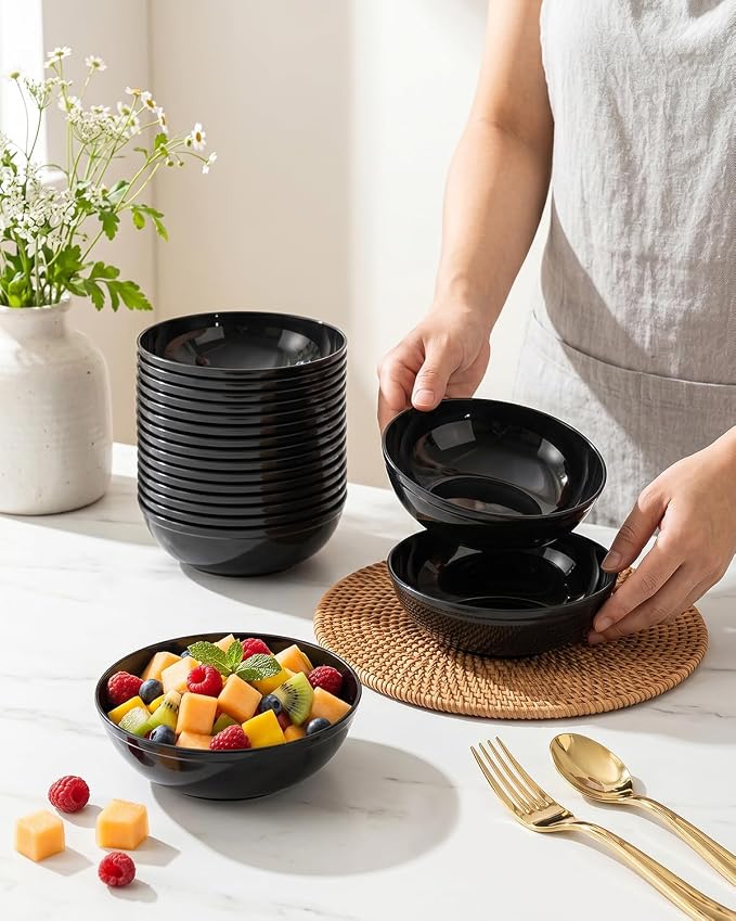 bUCLA 50Pack Black Plastic Bowls - 10oz Disposable Black Plastic Salsa/Serving Bowls - Ideal for Party & Graduation