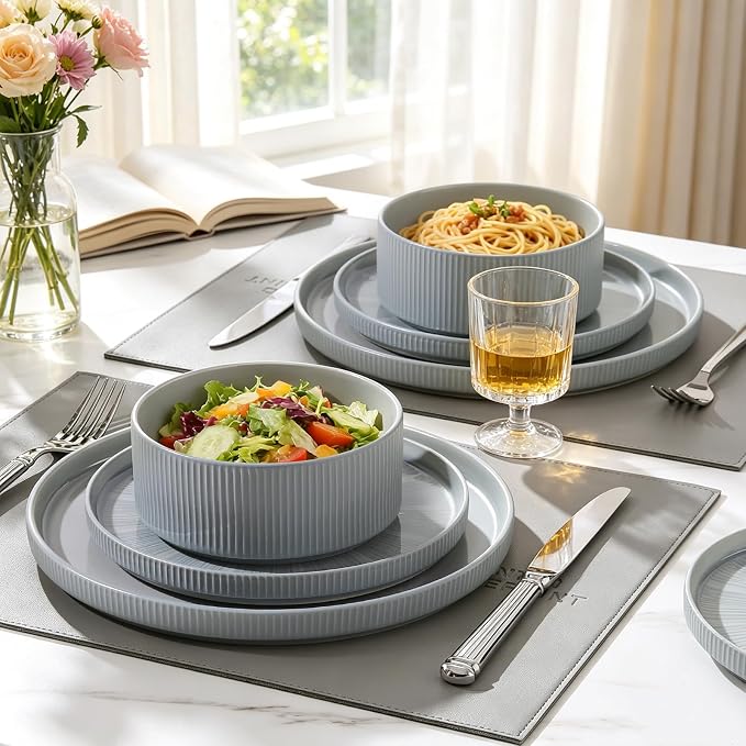 Stoneware Dinnerware Sets for 4, 12-Piece Plates and Bowls Set, Dusty Blue | Advanced Inkjet Printing Ceramic Dishes, Modern Minimalist Tableware, Scratch Resistant, Microwave and Dishwasher Safe