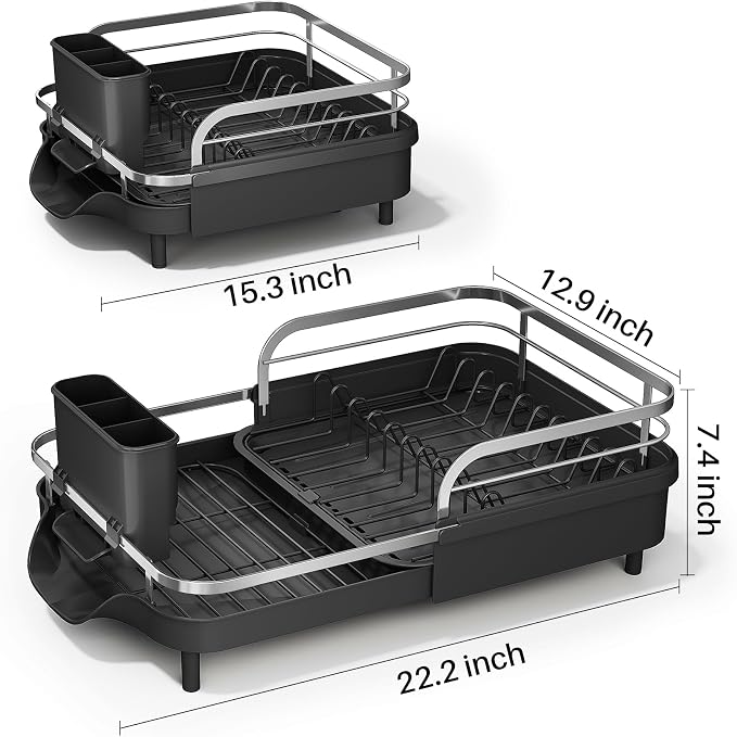 SAYZH Expandable Dish Drying Rack for Small Kitchen Counter, Black | Stainless Steel, Protective Guardrail, Angled Drainboard, Fits High-Rim Sinks, Removable Utensil Holder