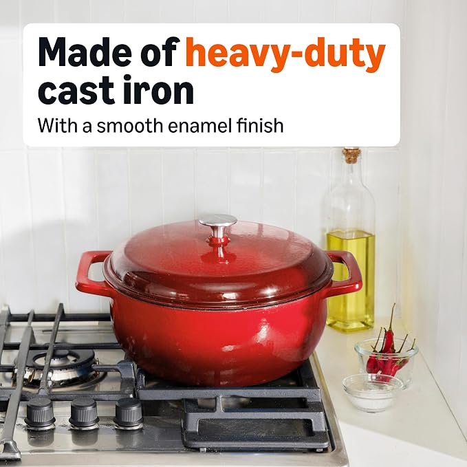 Amazon Basics Enameled Cast Iron Dutch Oven Pot with Lid, Round, Dual Handles, Heavy-Duty, Oven Safe for Stews, Roasting, Baking, 6-Quart, Red