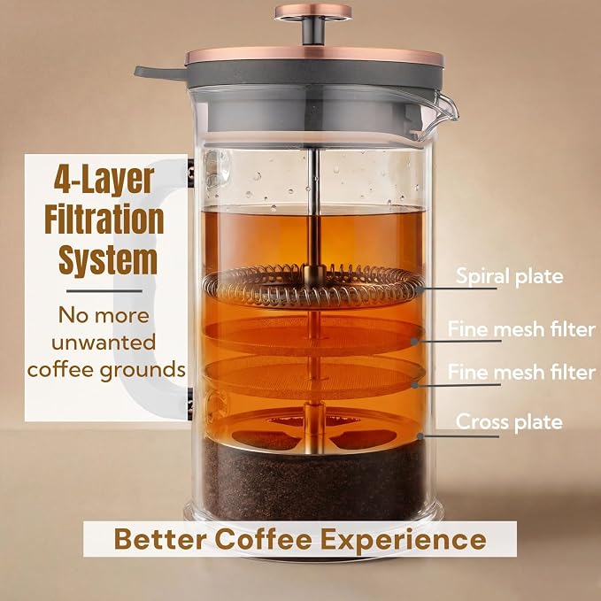 French Press Coffee Maker 34oz, 1000ml Borosilicate Glass Stainless Steel Coffee Brewer with Reusable Filters Portable Coffee Press for Kitchen Travel Camping
