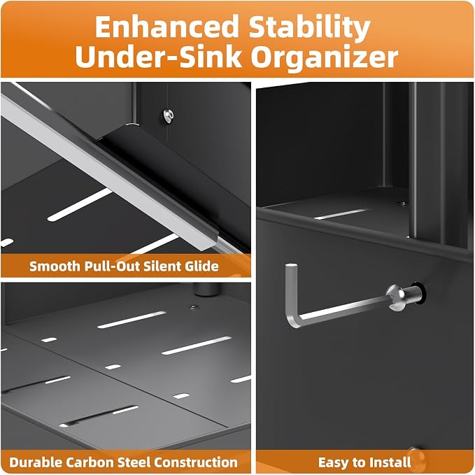 2 Tiers Metal Under Sink Organizer with Adjustable Height and Width, 2 Pack | Thickened Metal Pull Out Under Cabinet Organizer to Tidy, Sturdy Sliding Storage Shelf for Kitchen, Bathroom and Laundry