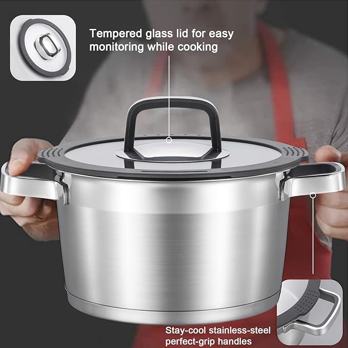MARSKITOP 3 Quart Stock Pot with Lid, 18/8 Stainless Steel Pasta Pot | Strainer Lid, Cool-Touch Handle, Compatible with All Cooktops, Dishwasher Safe