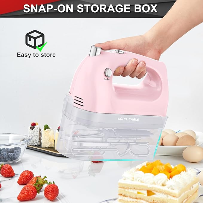 Lord Eagle Hand Mixer Electric Handheld 400W,5-Speed, Lightweight, Pink | Kitchen Mixer with Storage Case, 5 Stainless Steel Attachments for Baking Cake Egg Cream Food Beater, Turbo+Eject Button