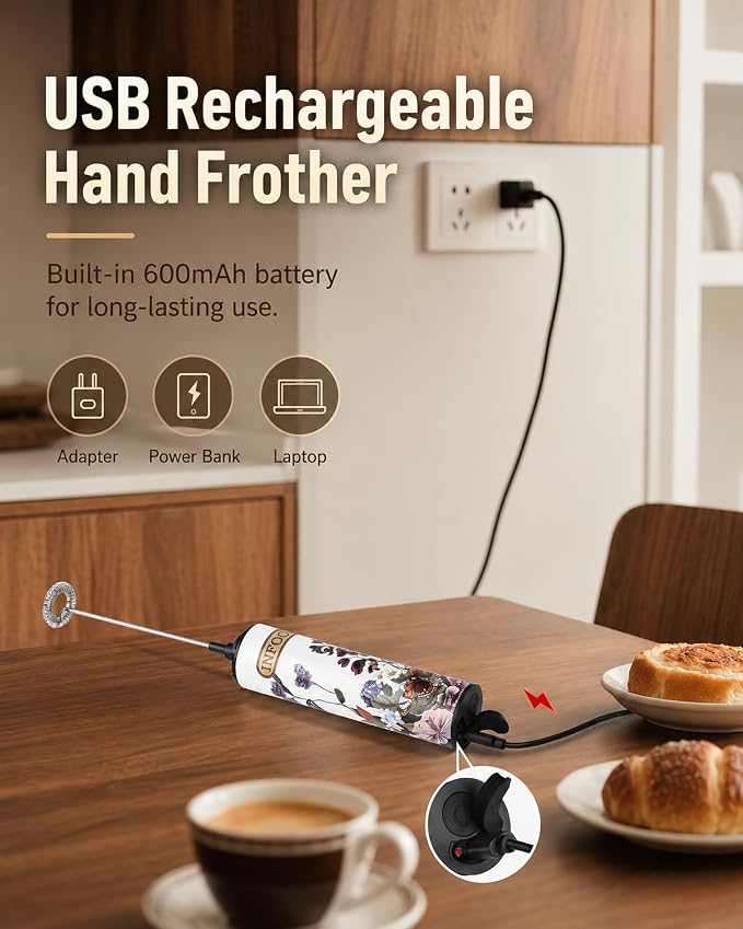 INFOOD Rechargeable Milk Frother with Cover, 2-Speed, 2 Whisks, Floral | Stainless Steel Body and 2 Detachable Whisks, Floral Design, for Lattes, Cappuccinos, Hot Chocolate, and Egg Whites