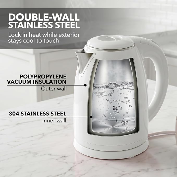 OVENTE 1.7L Double Wall Electric Tea Kettle, 1100W Power, White KD64W | Water Boiler with Cool-Touch Exterior, Stainless Steel Interior, Auto Shut-Off, Boil-Dry Protection & Locking Lid, Easy Clean