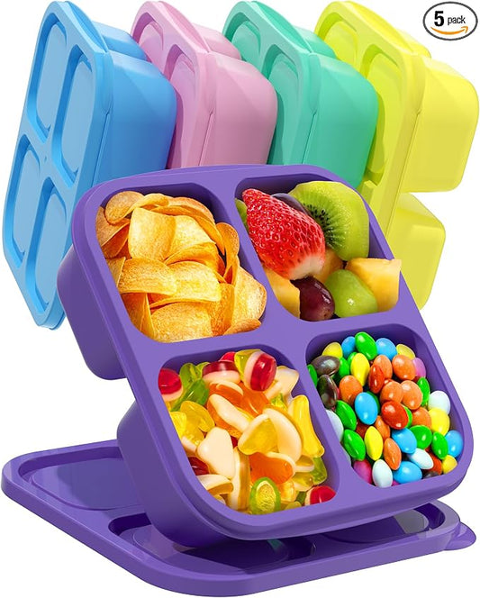 Canfanni 5 PCS Bento Snack Containers, Reusable 4 Compartment Divided Food Storage Containers, Divided Lunchable Container for School, Work and Travel (Multicolor)