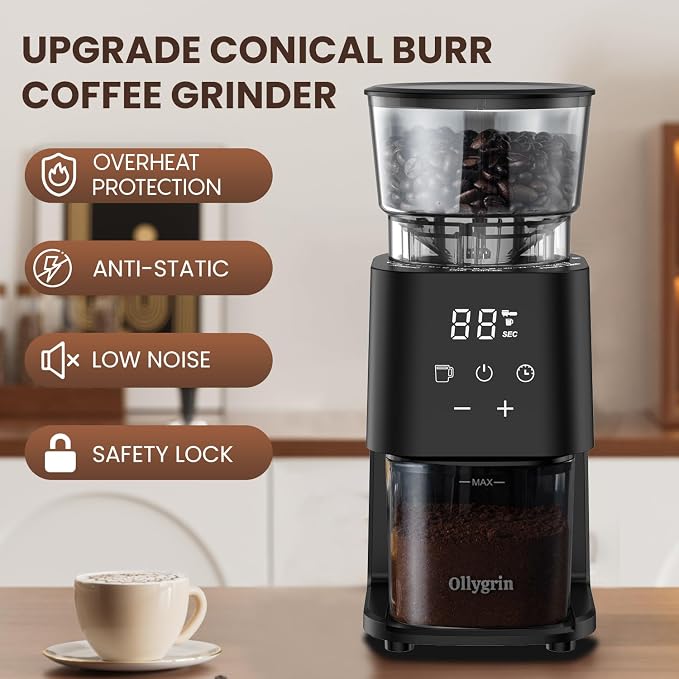 Ollygrin Electric Conical Burr Coffee Grinder, 30 Precise Grind Settings for Espresso, Drip & French Press, Compact Burr Mill with Touchscreen Control, Anti-Static & Easy Cleaning, Black