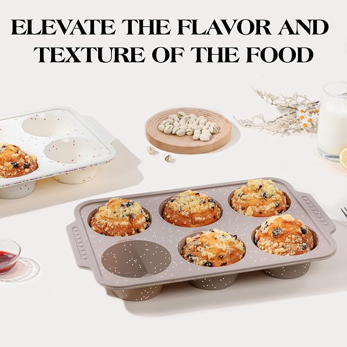 2 Pcs Silicone Jumbo Muffin Pan with Metal Frame, Non Stick Silicone Egg Molds with Handles, Round Silicone Molds for Baking for Oven, BPA Free (Brown, Cream