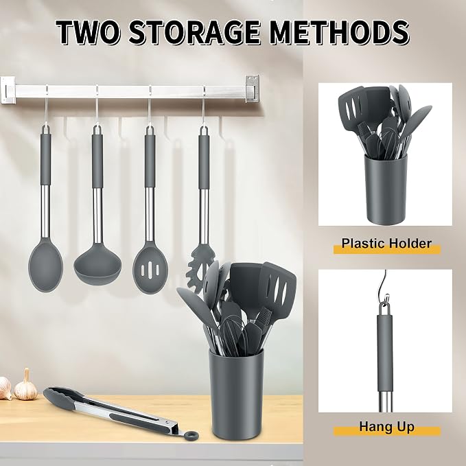 E-far Kitchen Utensils Set, 14-Piece Gray Silicone Cooking Utensils Set | Heat Resistant, Kitchen Tools Spatulas with Stainless Steel Handle, Non-stick Cookware with Holder, Dishwasher safe