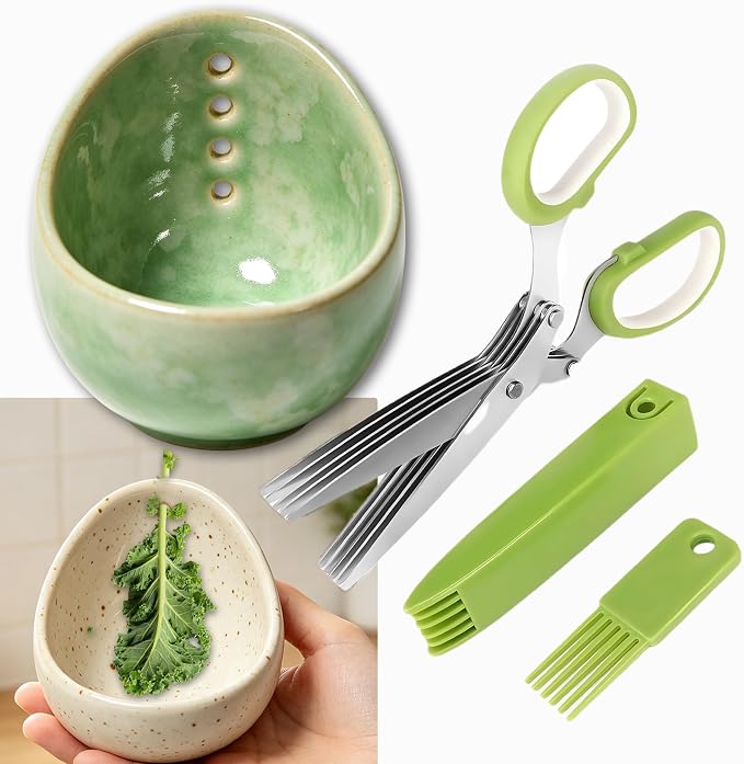 2026 Latest Herb Stripper Pottery Bowl Cutter Tool: Stripping Ceramic Fresh Herbs Kale Striper Cilantro Cutting Razor Gifts Herbalists Peeler Shredder Chopper Clay Copper Small Cup Grater (GREEN A)