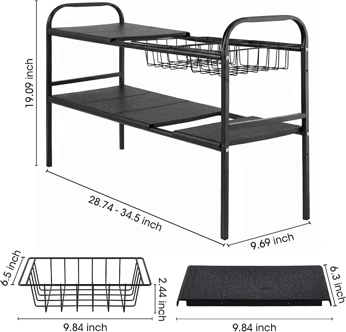 Expandable 2 Tier Under Sink Organizer, Black, 28.74-34.5 Inch Width | For Kitchen and Bathroom, 2 Storage Baskets, 6 Removable Panels, Adjustable Height Metal Shelf, Fits Pipes