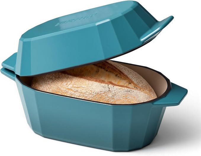 Enameled Cast Iron Sourdough Bread Oven – Dutch Oven for Sourdough, Oval Cast Iron Bread Pan with Lid，Loaf Cast Iron Dutch Oven for Baking (3.3QT-Blue）