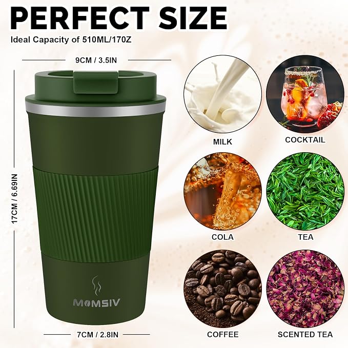 MOMSIV 17oz Travel Coffee Mug, Insulated Coffee Cup with Leakproof Lid | 6-Hour Heat Retention, 360°Leak proof, Vacuum Stainless Steel Double Walled, BPA-free, Reusable And To Go Coffee Mug