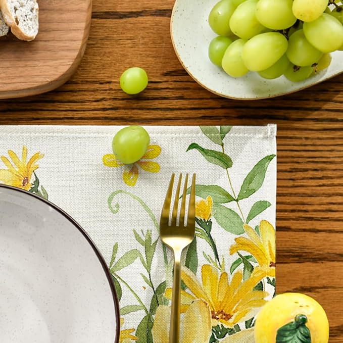 Artoid Mode Hello Sunshine Sunflower Summer Placemats Set of 4, 12x18 Inch Seasonal Spring Holiday Table Mats for Party Kitchen Dining Decoration