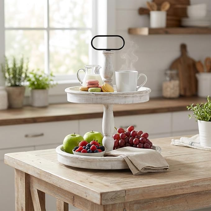 Krismax Decorative Trays - Two Tiered Tray Stand Rustic Tiered Tray Decor 2 Tiered Tray Serving Tray Seasonal & Holiday Decoration Wooden Tray for Coffee Table Farmhouse Display Stand Tray