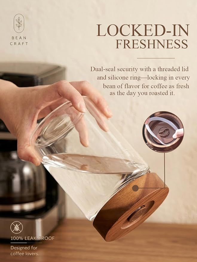 Coffee Canister, 9oz Airtight Glass Storage Jar with Wooden Lid | One way CO₂ valve helps keep beans fresh, thick glass jar for coffee beans, grounds, tea, sugar, spices, and countertop decor