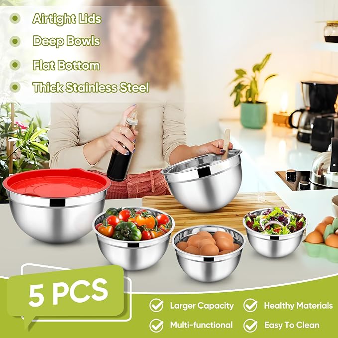 TeamFar Mixing Bowls Set of 5, Stainless Steel Metal Salad Bowls with Lids | 4.5/3/1.5/1/0.7 QT, Nesting Bowls for Mixing Prepping Serving, Non-Toxic & Sturdy, Airtight Lid & Easy Clean, Multi-Color