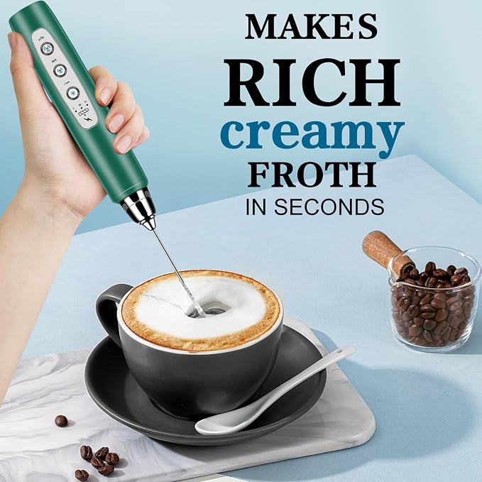 Milk Frother Wand Rechargeable Handheld Whisk Coffee 3 Speed Adjustable | Electric Whisk Drink Mixer with Stainless 3 Whisks Hand Frother , Foam Maker for Latte Cappuccino Matcha Egg Silver