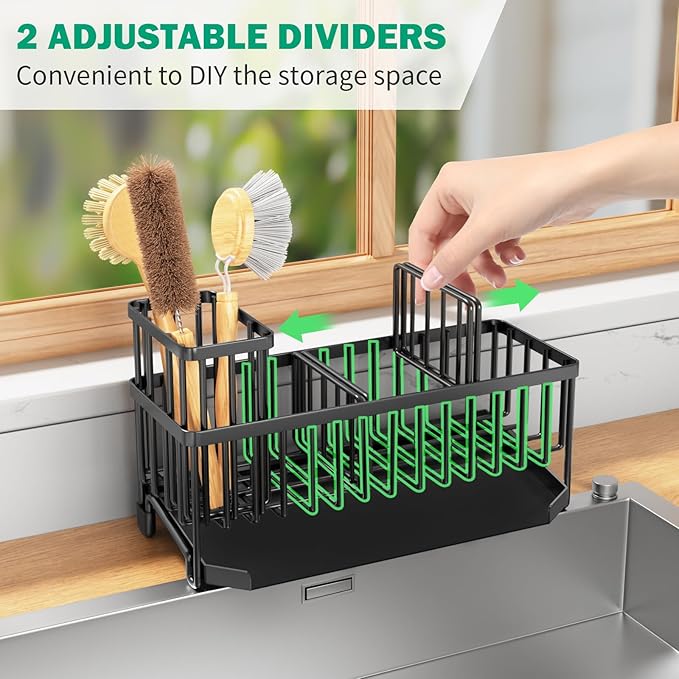 TomCare Kitchen Sink Caddy, 11-Inch Sponge Holder with Drain Tray | 2 Adjustable Dividers and Tall Brush Holder Create Flexible Storage for Sponges and Kitchen Counter Accessories