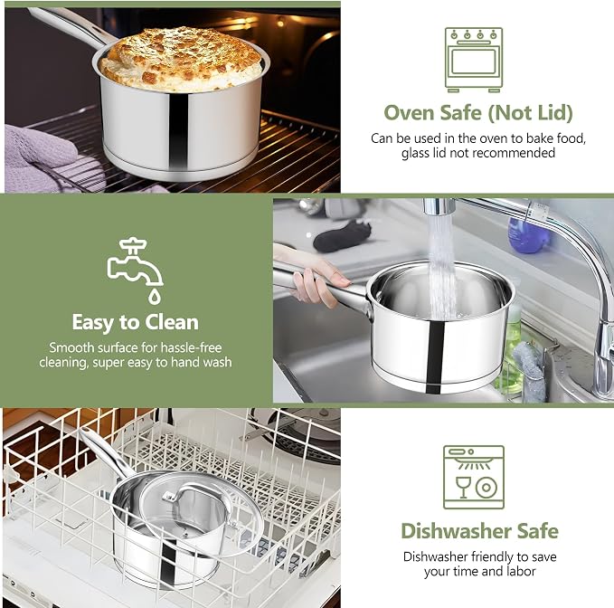 TeamFar 2 qt Saucepan, Stainless Steel Small Sauce Milk Pan with Lid | with Tri-ply Bottom for Cooking/Boiling/Stewing, For Induction/Gas/Electric, Non-Toxic & Heavy Duty, Dishwasher Safe