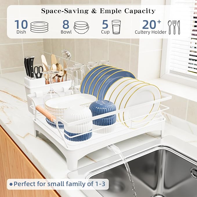 Dish Drying Rack,Space Saving Dish Drainer for Kitchen Counter & Sink,White | Rustproof,Riser Feet,Wooden Handle,Cup Holder & Knife Slots,Expandable Spout,Auto-Drainage System,Sink Storage Organizer