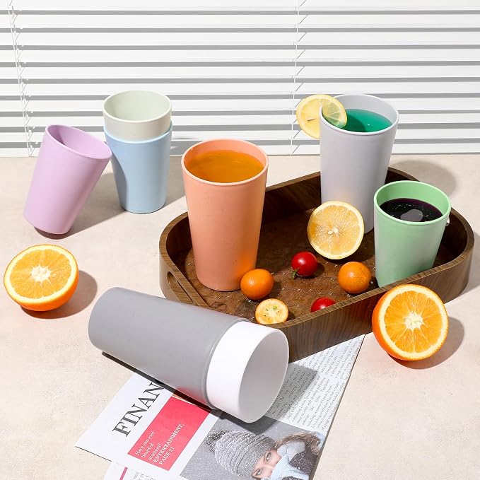 HEYCOME Set of 16 Wheat Straw Cups, 8 Pcs 20 oz & 8 Pcs 12 oz Unbreakable Drinking Cups, Reusable Plastic Cups Sets, Water Glasses Tumblers, Microwave & Dishwasher Safe, Bpa Free, 8 Colors