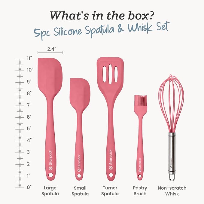 Starpack Flip and Whip Silicone Baking Utensils Set (5-Piece) - LFGB Non Toxic, 600°F Heat Resistant, BPA-Free - Whisk and Rubber Spatula Set with Pastry Brush - Dishwasher Safe, Nonstick Earthy Pink