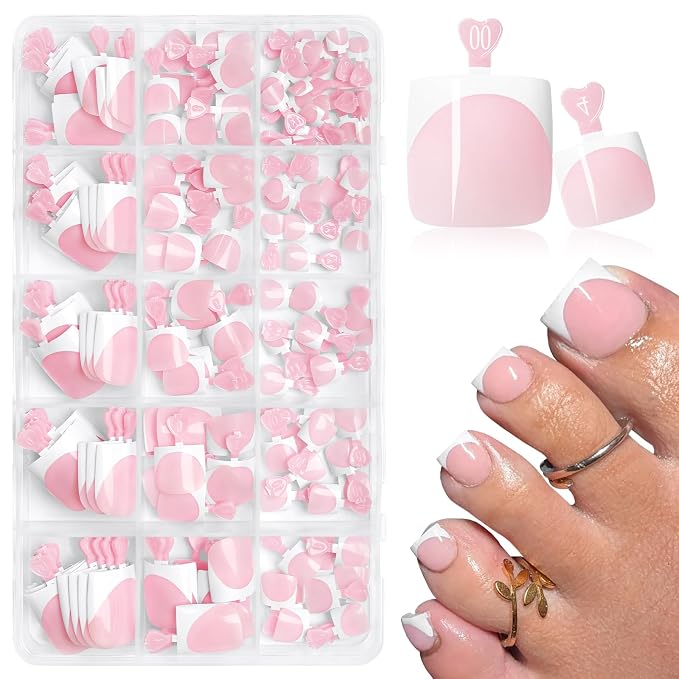 AddFavor 160pcs French Tip Toe Nail Press ons - Pink Press on Toenails for Women, Full Cover Toe Press on Nails with Adhesive Tabs, Fake Toenails Tips