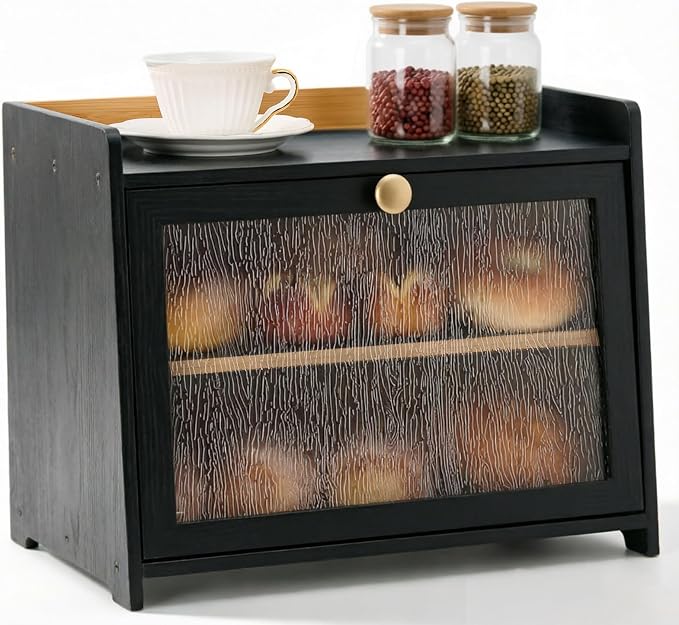 Bamboo Bread Box for Kitchen Countertop, 15.7x9.8x12.6 in, Black Color | Double Layer Bread Box, Fluted Acrylic Doors, Farmhouse Bread Box for Homemade Bread, Loaves, Bagels, Muffins & Pastries