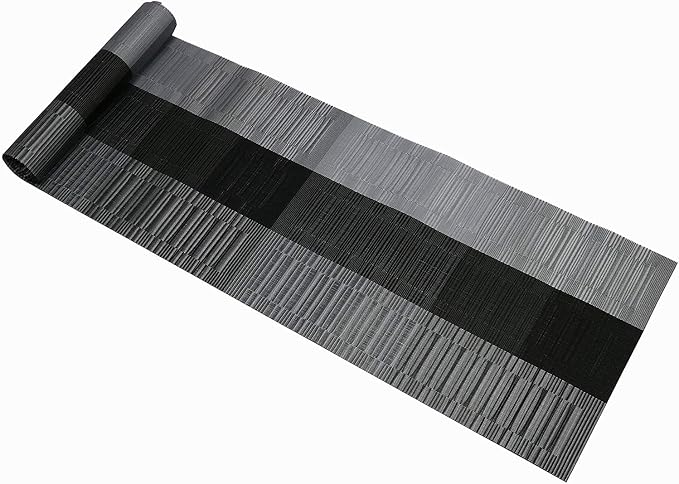 SHACOS Woven Vinyl Table Runner 12 x 54 inch PVC Runner for Dining Table Coffee Table Counter Wipe Clean Indoor Outdoor, Ombre Black and Gray