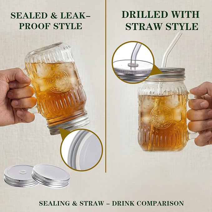 DaYammi 16 oz Mason Jars with Lids and Straws, 6 Pack Clear Vintage Drinking Glasses, Leak Proof Iced Coffee Cups for Daily Use & Party