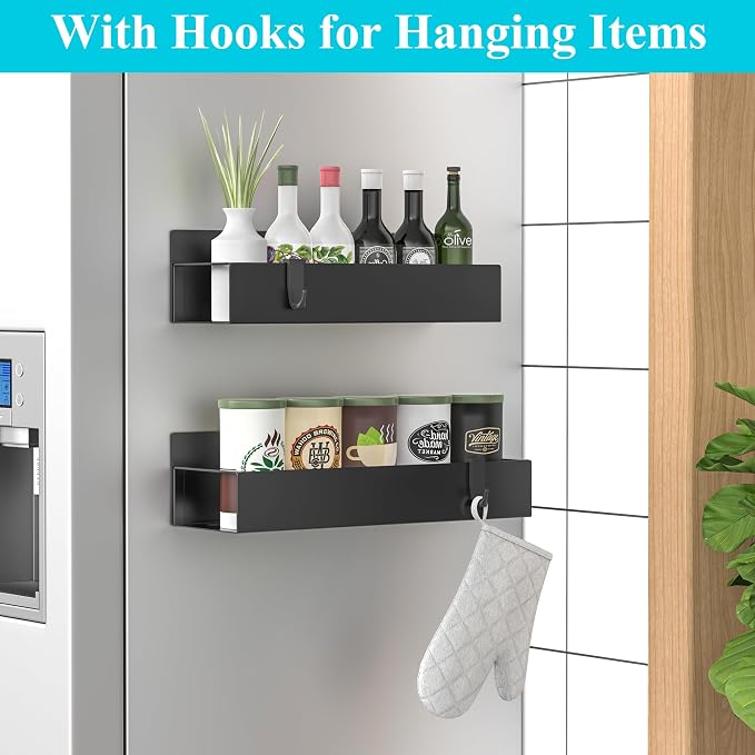 2 Pack Magnetic Spice Storage Rack Organizer for Refrigerator and Oven, Matt Black Fridge Organizers and Storage | Magnetic Shelves Heavy Duty for Fridge in Kitchen, Seasoning Storage Organizer, For Oven Washer and Dryer, For Heavier Items