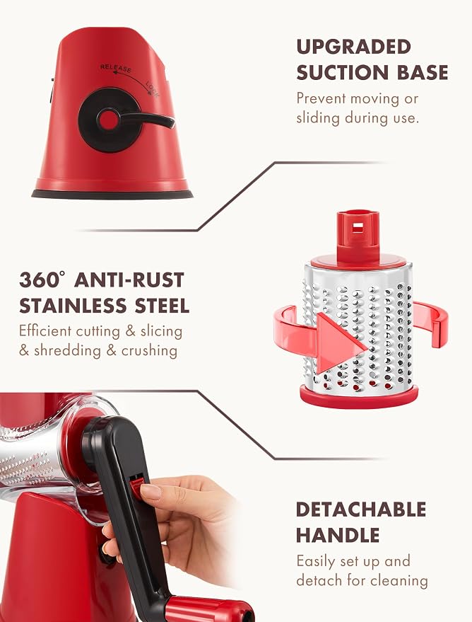 GDL Upgraded 5 in 1 Rotary Cheese Grater, Cheese Shredder Vegetable Slicer | 5 Stainless Steel Blades, Non-slip suction base, No BPA, Dishwasher Safe, Wavy Slicing, 12x Faster for Veggie, nut, ice