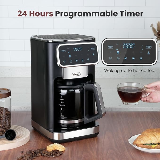 Gevi Touchscreen 12-Cup Coffee Maker, Bold & Iced Brew, Glass Carafe | 12-Cup Drip Brewer, Programmable Timer, 4H Warm Plate, Auto Shutoff, Reusable Filter