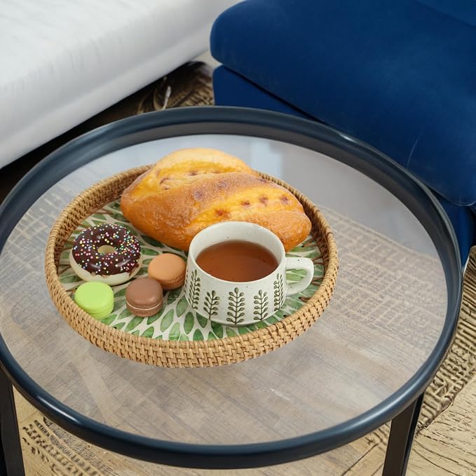 Round Rattan Serving Trays with Mother of Pearl Inlay, Set of 3, Green | Coffee Table Trays, Decorative Wicker Trays, Bread and Fruit Display, Ottoman Tray Set, Leaf Pattern